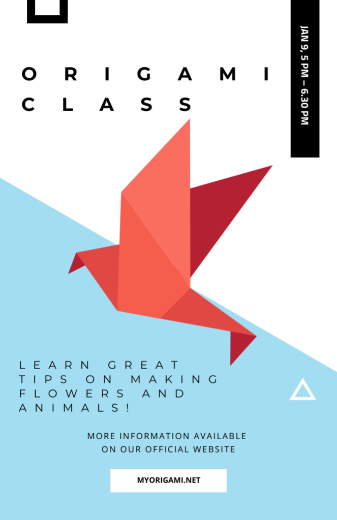 Plantilla de diseño de Origami Classes Event With Paper Bird on Blue Invitation 5.5x8.5in 