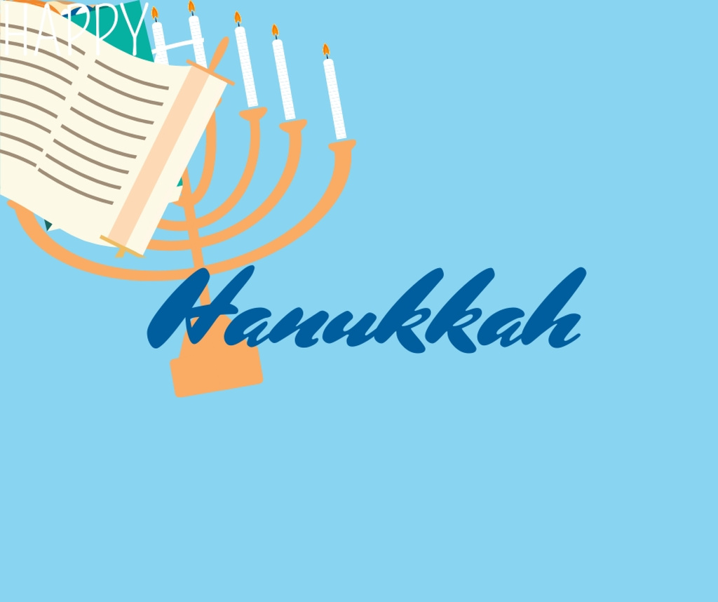 Happy Hanukkah Greeting with Menorah and Torah Facebookデザインテンプレート