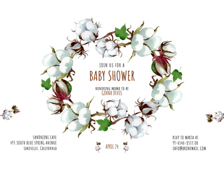 Baby Shower -tapahtuma puuvillakukkien seppeleellä Invitation 13.9x10.7cm Horizontal Design Template