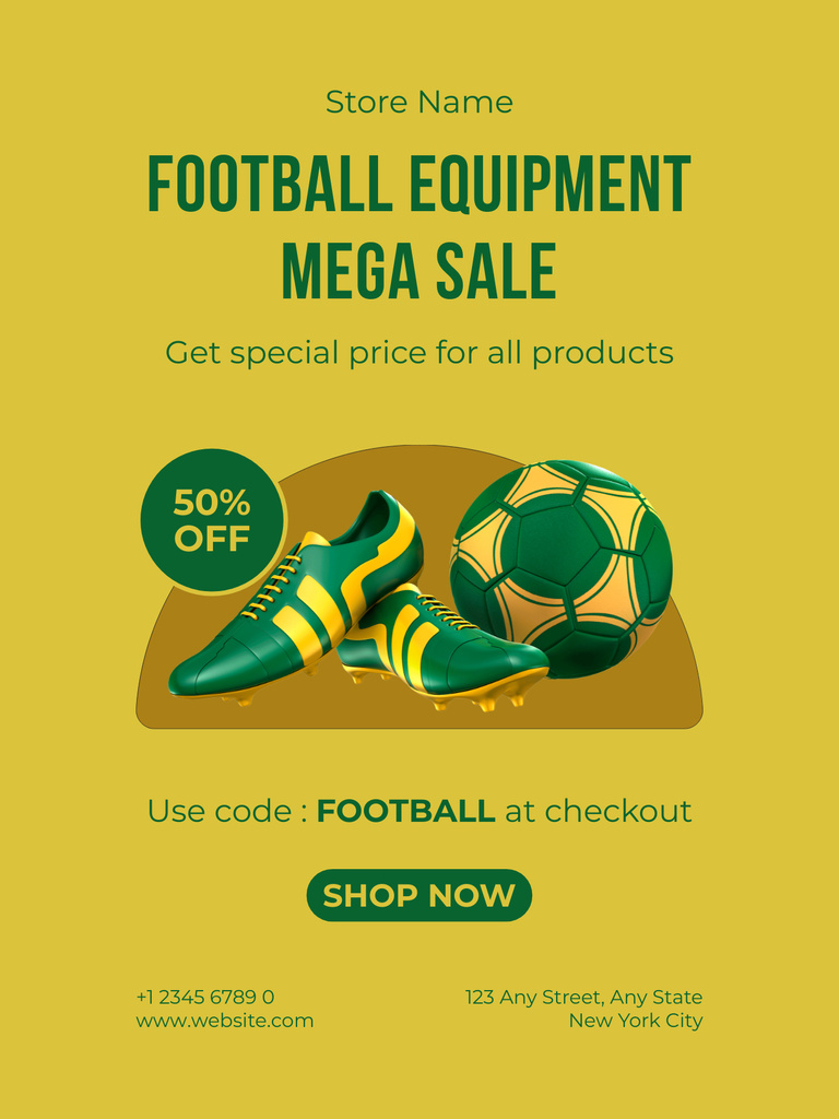 Special Offer for Football Equipment on Yellow Poster US Tasarım Şablonu