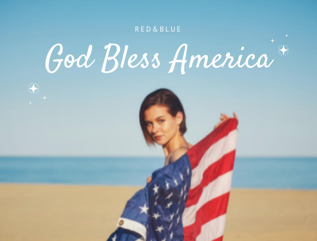 Szablon projektu USA Independence Day Celebration With Flag and Woman On Beach Postcard 4.2x5.5in