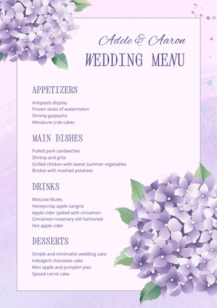 Floral Wedding Food List with Hortensias Menu tervezősablon