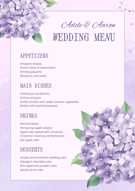 Floral Wedding Food List with Hortensias Menuデザインテンプレート