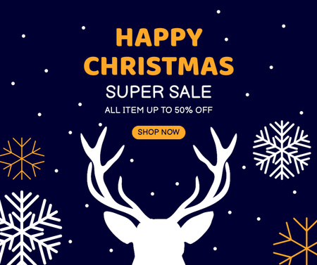 Christmas Super Sale Ad with Reindeer and Snowflakes Facebook Design Template
