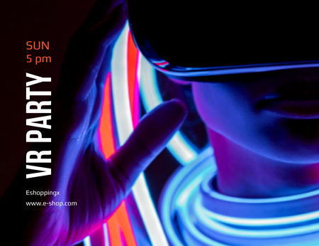 Designvorlage Ankündigung einer virtuellen Party mit Neonlichtern für Invitation 13.9x10.7cm Horizontal