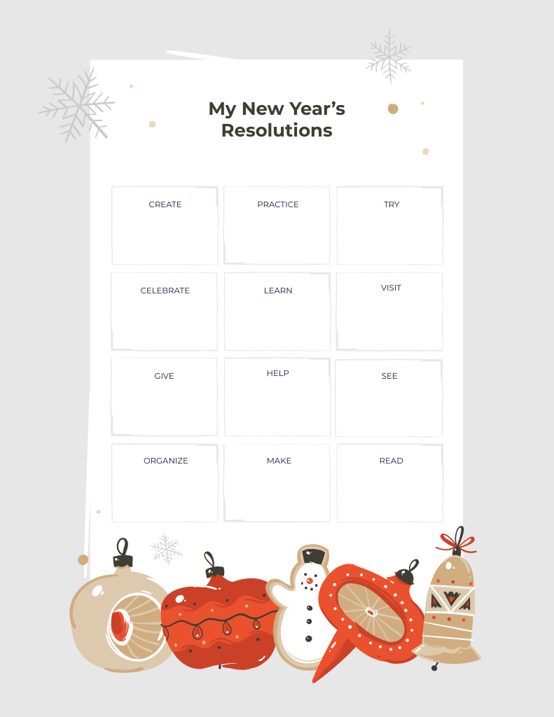 Ontwerpsjabloon van Notepad 8.5x11in van New Year's Resolutions with Festive Baubles and Snowflakes