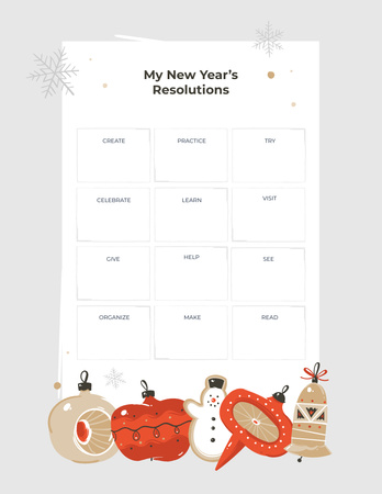 Novoroční předsevzetí se slavnostními ozdobami a sněhovými vločkami Notepad 8.5x11in Šablona návrhu