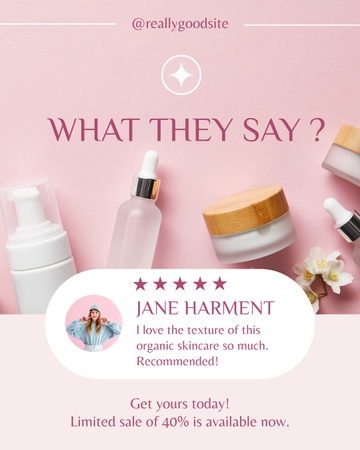 Revisão do cliente de produtos cosméticos em rosa Instagram Post Vertical Modelo de Design
