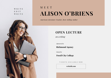 Business Lecture Announcement with Confident Smiling Woman Poster A2 Horizontal Design Template