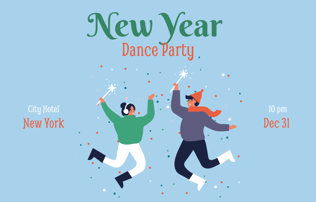 Modèle de visuel New Year Party Announcement with Illustration of Dancing People - Invitation 4.6x7.2in Horizontal