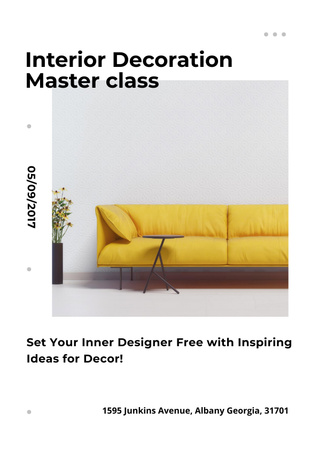 Plantilla de diseño de Anuncio de clase magistral de decoración de interiores con sofá amarillo Poster 