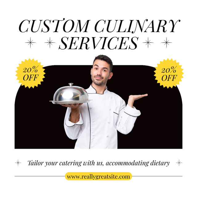 Discount on Catering Services with Chef holding Dish Instagram Tasarım Şablonu