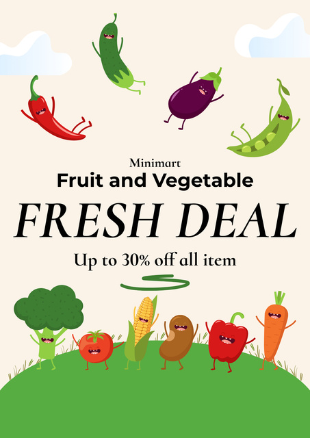 Happy Cartoon Fruits and Vegetables for Grocery Store Ad Poster Modelo de Design