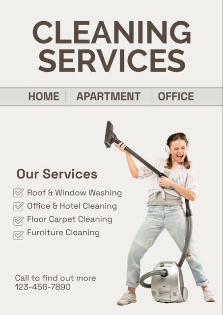 Cleaning Services Ad with Woman with Vacuum Cleaner Flyer A6 Design Template