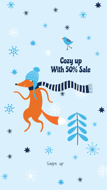 Platilla de diseño Winter Discount Offer with Cute Fox in Scarf Instagram Story