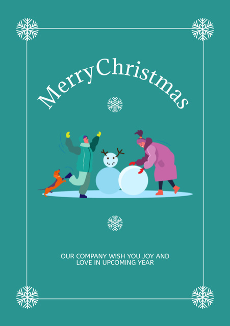 Christmas Cheers with People Making Snowman Postcard A5 Vertical Tasarım Şablonu