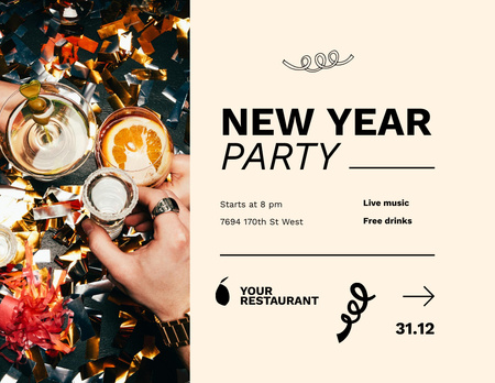 Champagne on New Year Party Flyer 8.5x11in Horizontal Design Template