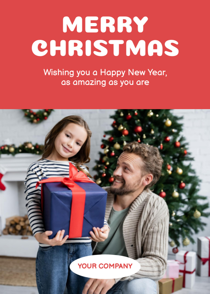 Enchanting Christmas and New Year Cheers with Father and Daughter Postcard 5x7in Vertical Design Template