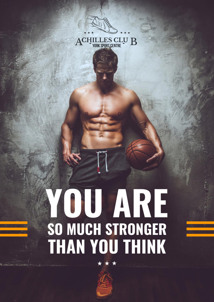 Sports Motivational Quote with Strong Basketball Player Poster Design Template
