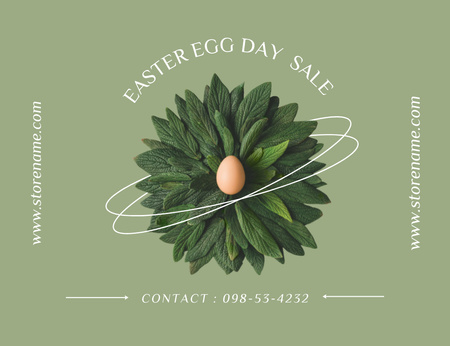 Modèle de visuel Annonce de vente de Pâques avec œuf dans un nid fait de feuilles - Thank You Card 5.5x4in Horizontal