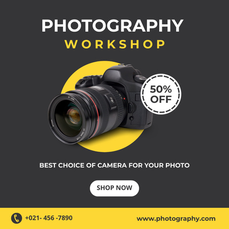 Designvorlage Foto-Workshop-Ankündigung mit moderner Kamera für Instagram