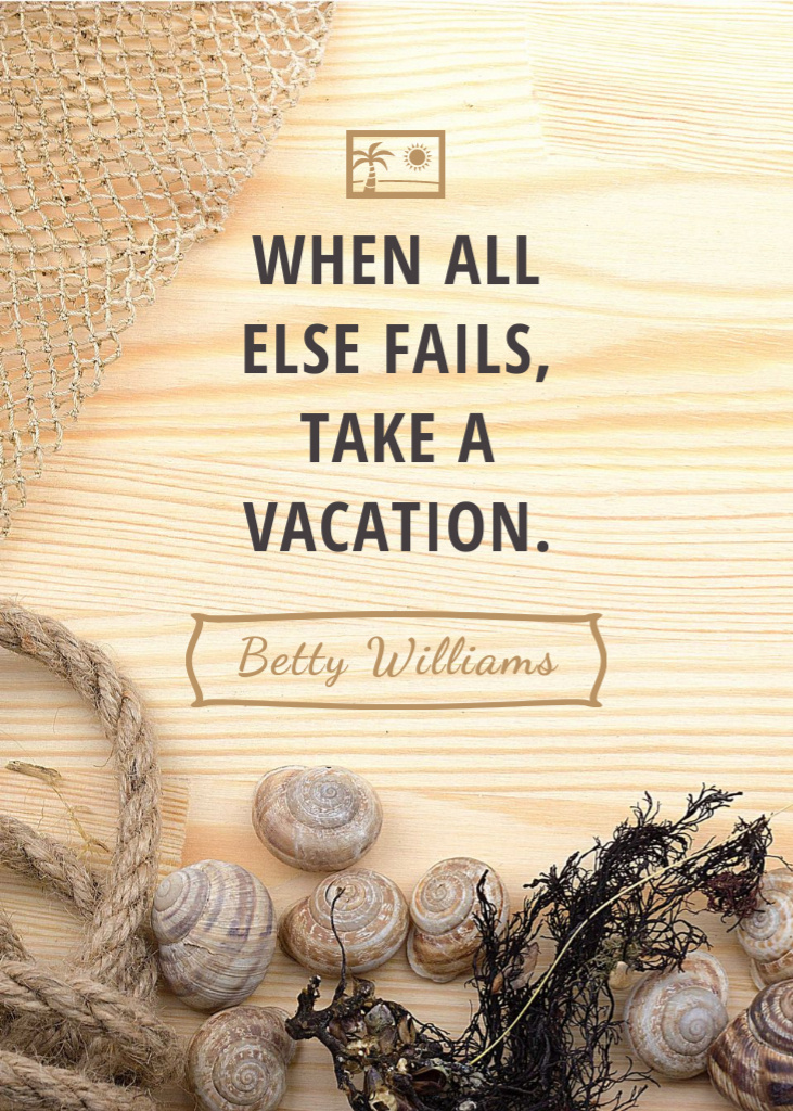 Travel inspiration with Shells on wooden background Flayer Design Template