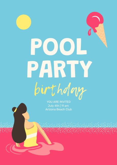 Birthday Party Announcement with Woman in Pool Invitationデザインテンプレート