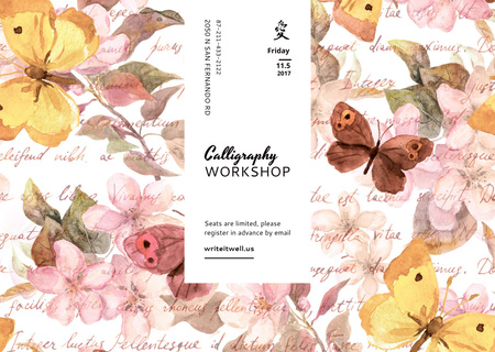 Calligraphy Workshop Announcement with Watercolor Flowers Card Design Template