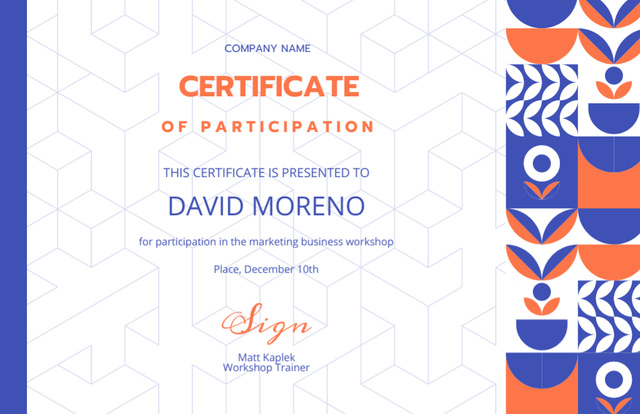 Award for Participation in Marketing Business Workshop Certificate 5.5x8.5in Design Template