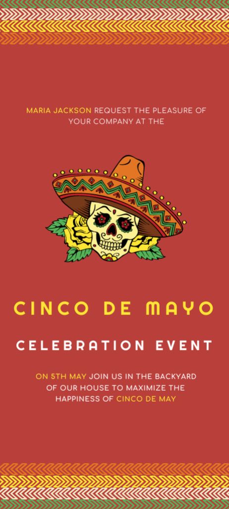 Cinco de Mayo Celebration Announcement with Skull in Sombrero Invitation 9.5x21cm Design Template