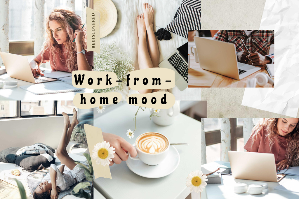 Cozy Workplace at Home with Young Woman Mood Board Šablona návrhu