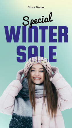 Platilla de diseño Winter Sale Ad with Young Woman in Warm Clothes Instagram Story