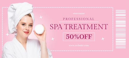 Platilla de diseño Spa Treatment Promo with Young Woman Holding Jar of Body Cream Coupon 3.75x8.25in