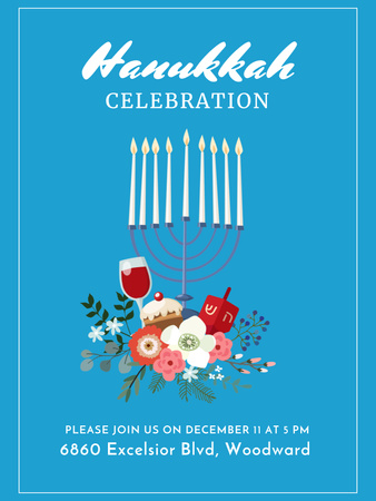 Platilla de diseño Hanukkah Holiday Festivity Announcement With Flowers And Menorah Poster US
