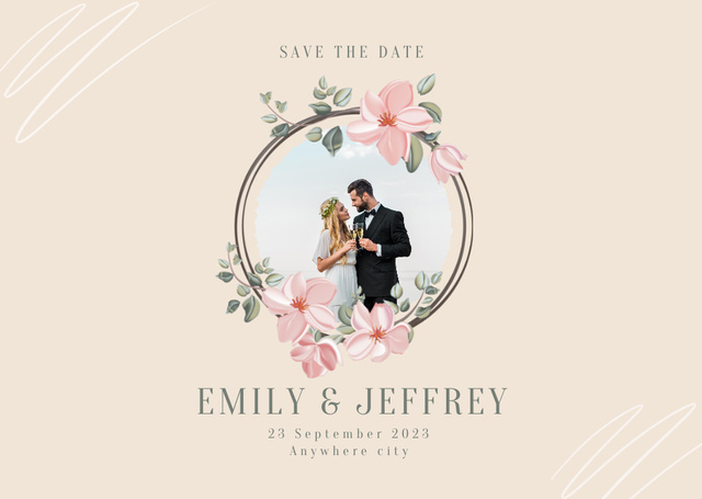 Save the Date with Couple in Flower Frame Card Design Template