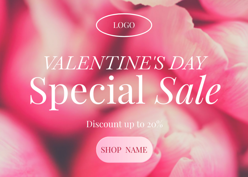 Valentine's Day Sale Offer In Flower`s Shop with Pink Petals Postcard 5x7in Tasarım Şablonu