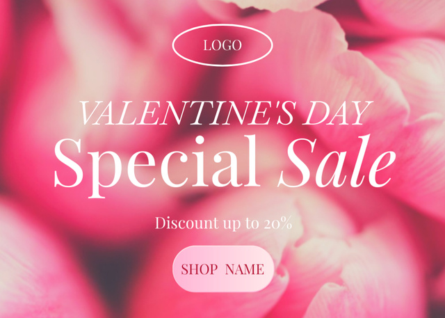 Ontwerpsjabloon van Postcard 5x7in van Valentine's Day Sale Offer In Flower`s Shop with Pink Petals