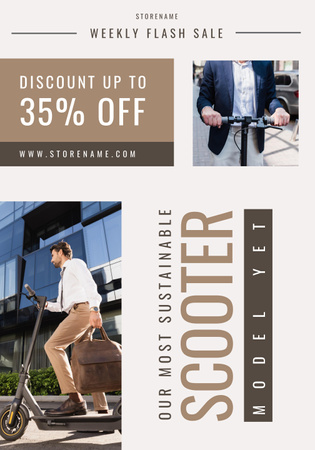 Cute Man Standing on Electric Scooter Poster 28x40in Design Template