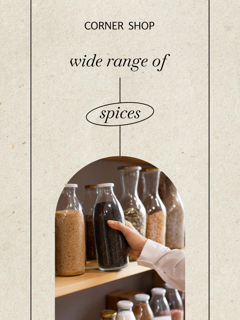Template di design Spices Shop Ad with Bottles on Shelves Poster US