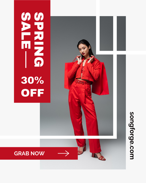 Spring Fashion Sale Ad with Woman in Red Outfit Instagram Post Verticalデザインテンプレート