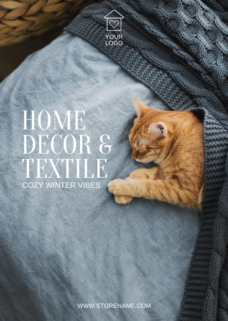 Home Decor and Textile Offer with Cute Sleeping Cat Postcard A6 Vertical Design Template