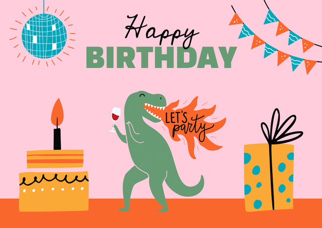 Dinosaur Birthday Party with Wine Card Design Template