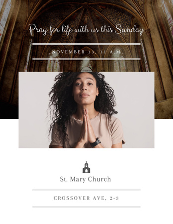 Convite da igreja com mulher bonita rezando Flyer 8.5x11in Modelo de Design
