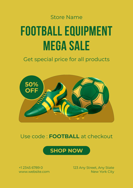 Special Offer for Football Equipment on Yellow Poster Design Template