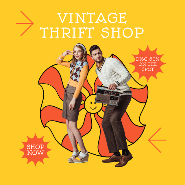 Plantilla de diseño de Vintage thrift shop yellow illustrated Instagram AD 
