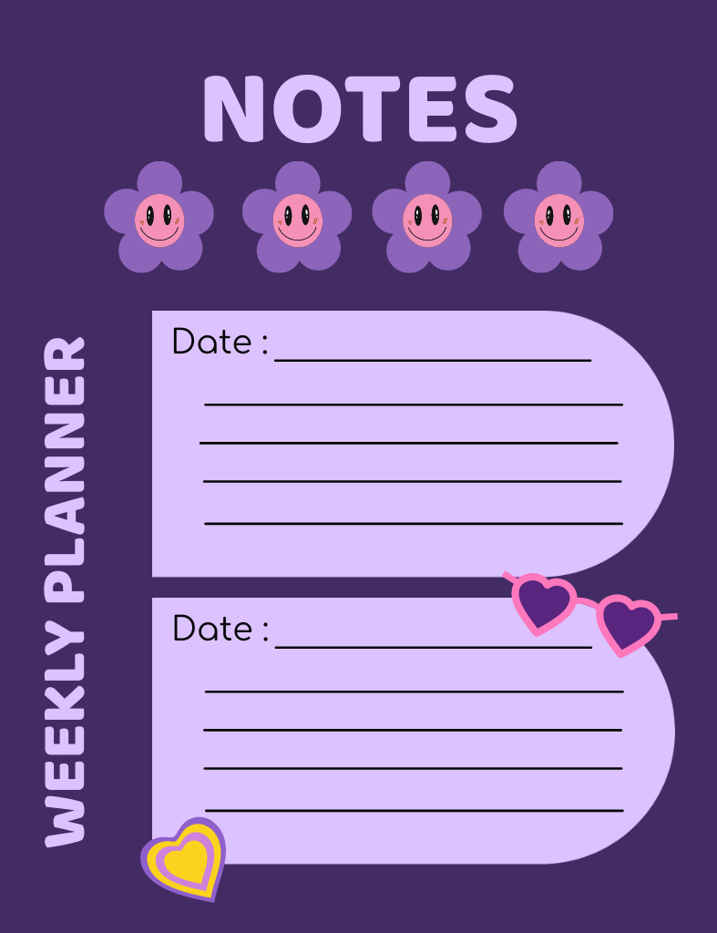 Empty Blank for Notes with Cute Purple Flowers Notepad 107x139mm Tasarım Şablonu