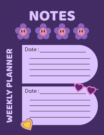 Empty Blank for Notes with Cute Purple Flowers Notepad 107x139mm Design Template
