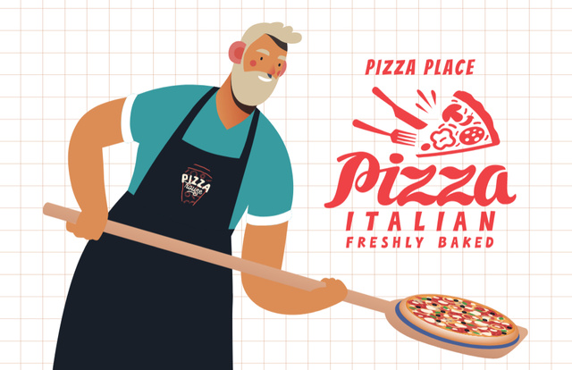 Ontwerpsjabloon van Business Card 85x55mm van Freshly Baked Pizza From Chef In Pizzeria Offer