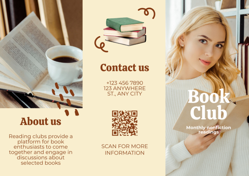 Book Club Ad with Woman in Library Brochure Tasarım Şablonu