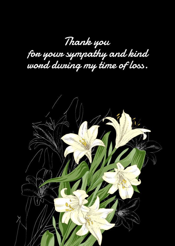 Platilla de diseño Sympathy Thank You Message with White Lilies on Black Postcard 5x7in Vertical